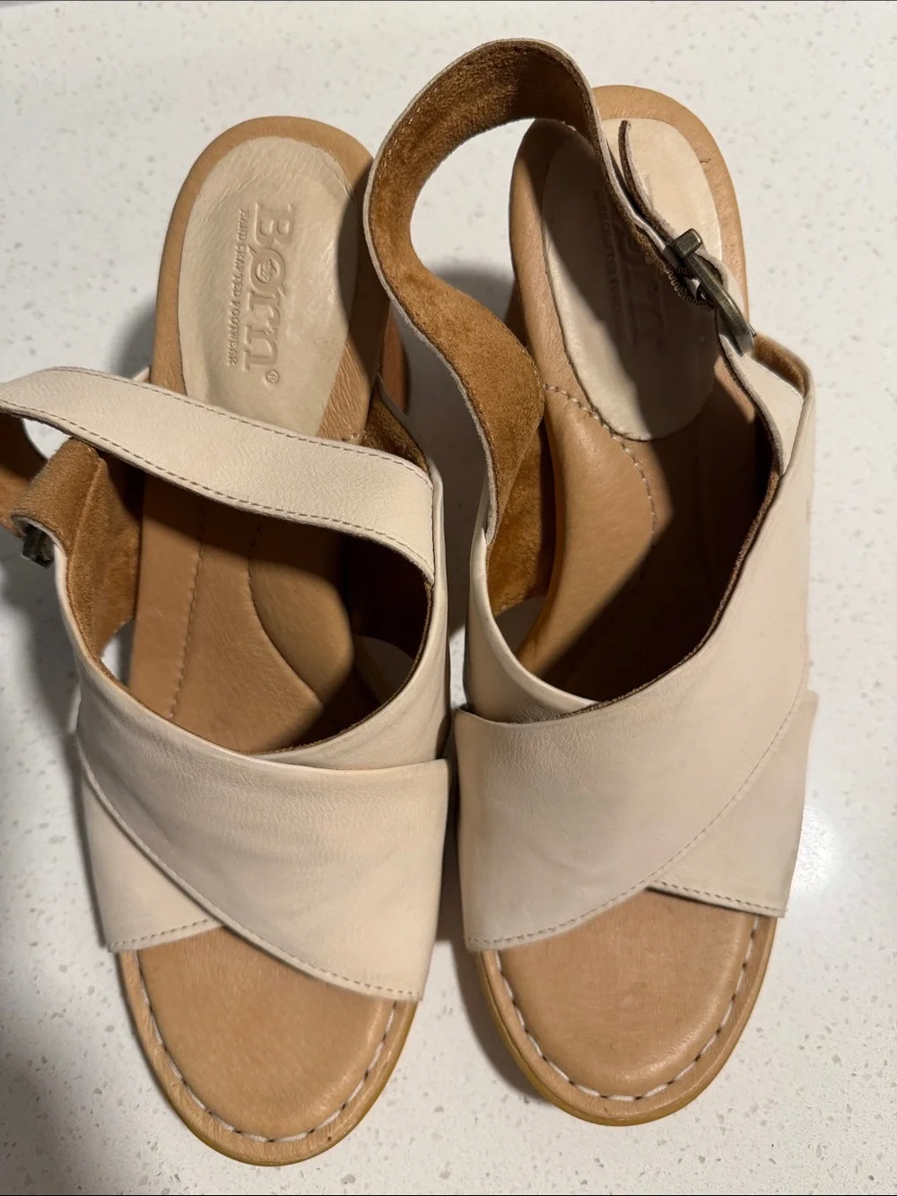 Born Cream Crisscross Slingback Block Heel Sandals